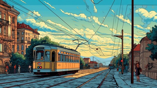 Personnes montant un tramway dans une ville européenne pittoresque Concept fantastique Illustration peinture