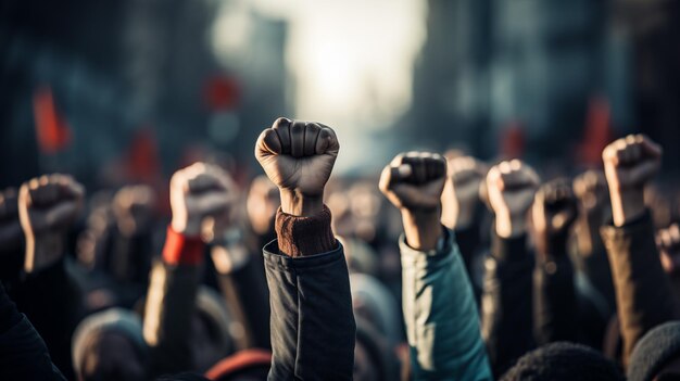 Des personnes multiethniques lèvent les poings en l'air, levant les mains pour protester.