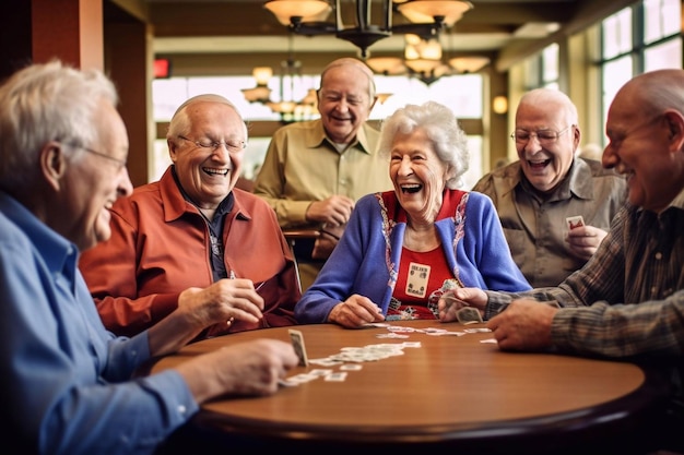 Personnes multiethniques à la retraite jouant aux cartes ensemble à la maison Amis seniors heureux avec un couple africain jouant aux cartes Personnes âgées actives et joyeuses jouant à la table du déjeuner AI générative