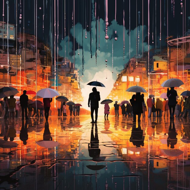 Personnes avec des parapluies dans une illustration de la ville pluvieuse