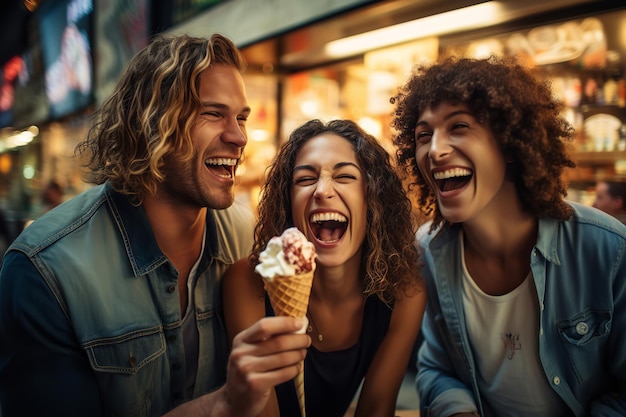 Personnes partageant des rires et des cornets de crème glacée