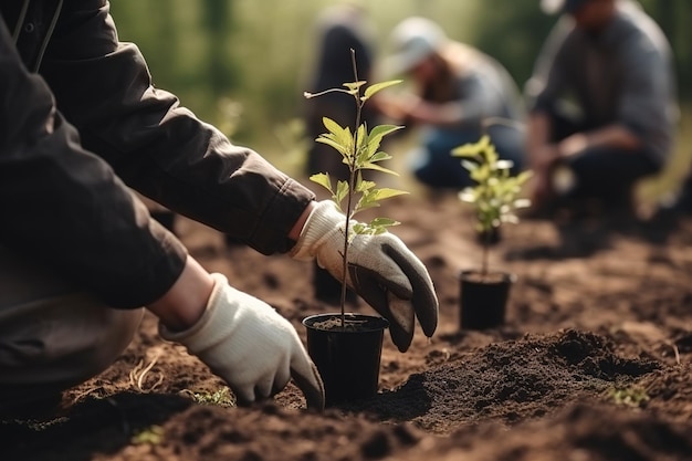 Photo des personnes plantant des semis dans le sol des volontaires travaillant avec des jeunes arbres ia générative