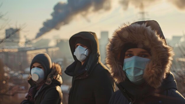 Les personnes portant un masque de protection La pollution atmosphérique de la ville Le smog de l'usine Concept d'arrière-plan