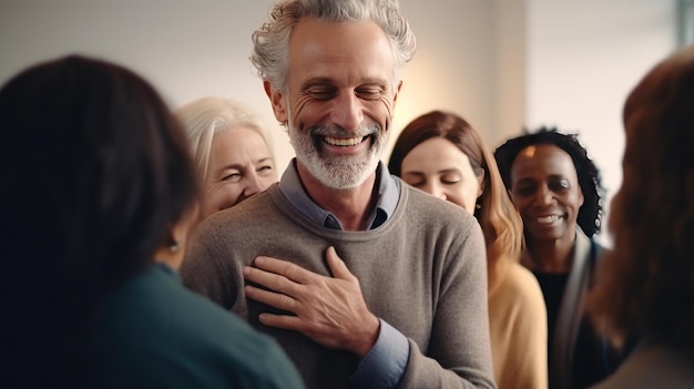 Des personnes positives s'embrassent pour soutenir leurs amis lors d'une réunion de thérapie de groupe en studio.