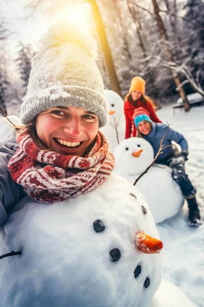 personnes prenant des selfies avec un sympathique bonhomme de neige Créé avec la technologie IA générative