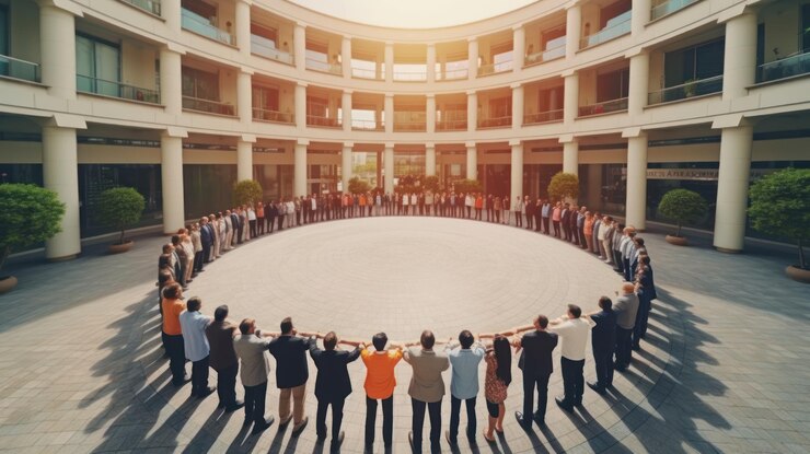 Photo personnes se tenant la main en cercle avec le mot paix en bas