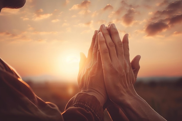 Personnes se tenant la main devant un coucher de soleil