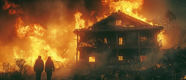 Des personnes en silhouette sur le balcon d'une maison en feu