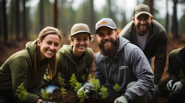 personnes souriantes tenant des plantes dans une forêt avec des arbres en arrière-plan IA générative