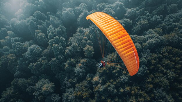 Des personnes survolent une forêt verte et luxuriante