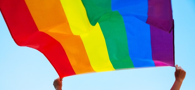 Personnes tenant et élevant un drapeau arc-en-ciel sur le ciel bleu