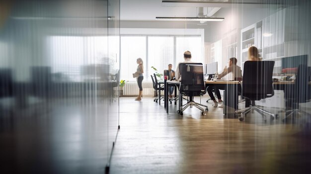 Personnes travaillant dans un bureau avec une grande fenêtre derrière elles