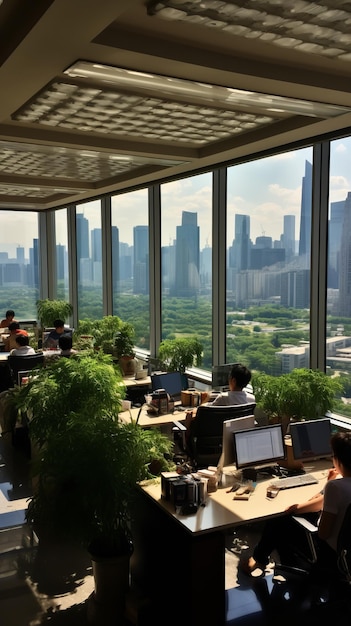 Photo des personnes travaillant dans un bureau moderne avec vue sur la ville