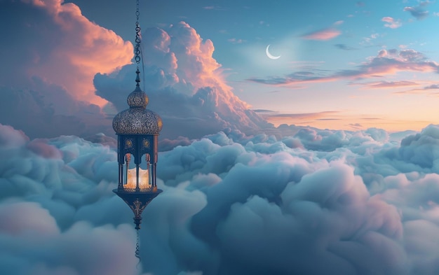 Une perspective aérienne au-dessus des nuages avec le croissant du Ramadan et la lanterne du Ramadan
