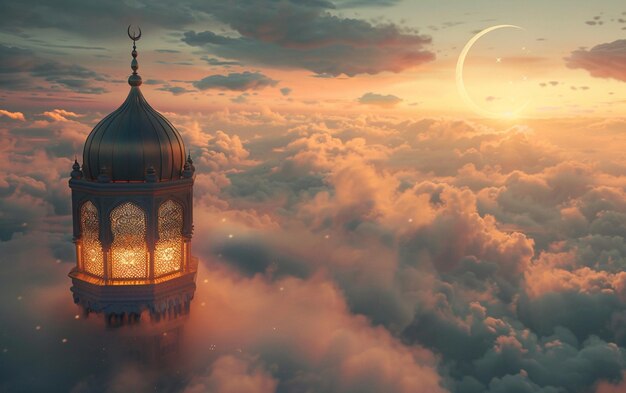 Une perspective aérienne au-dessus des nuages avec le croissant du Ramadan et la lanterne du Ramadan