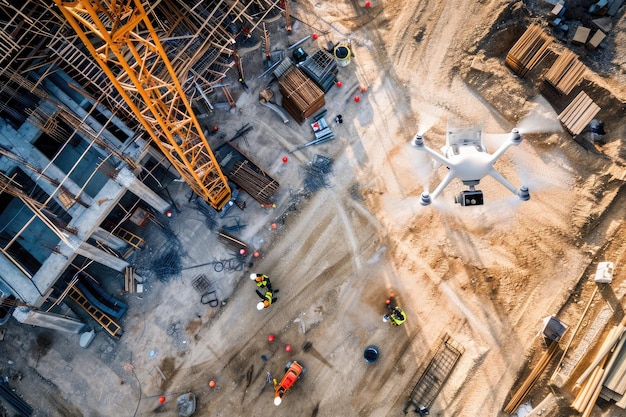 Une perspective aérienne capturant les activités de construction en cours d'un bâtiment Site de construction à grande échelle utilisant la technologie des drones pour l'arpentage du site AI généré