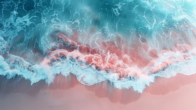 Photo perspective aérienne d'une plage de sable parsemée de mouettes les vagues39 caresses douces sur le rivage capturées dans une palette de gradients de rêve une représentation abstraite de l'ia pacifique générative