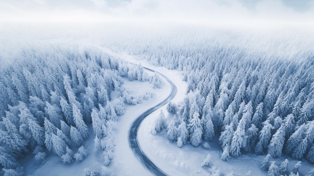 Une perspective aérienne révèle une route serpentine couverte de neige qui serpente à travers un paysage forestier.