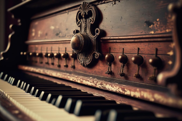 En perspective avant une vieille touche de piano en bois sur un instrument de musique en bois