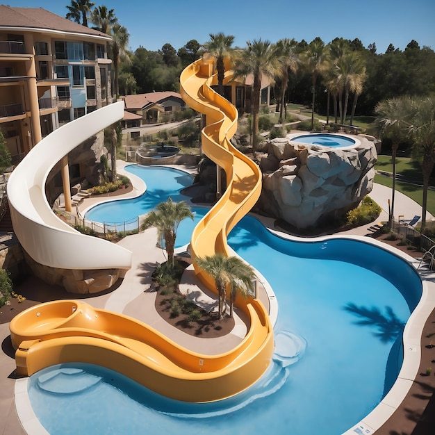 Une perspective descendante d'un toboggan incurvé tombant en cascade dans une piscine ensoleillée Ai Generated