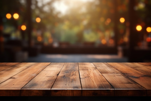 Perspective du paysage sur une table en bois vide avec isolé sur un fond pluvieux IA générative