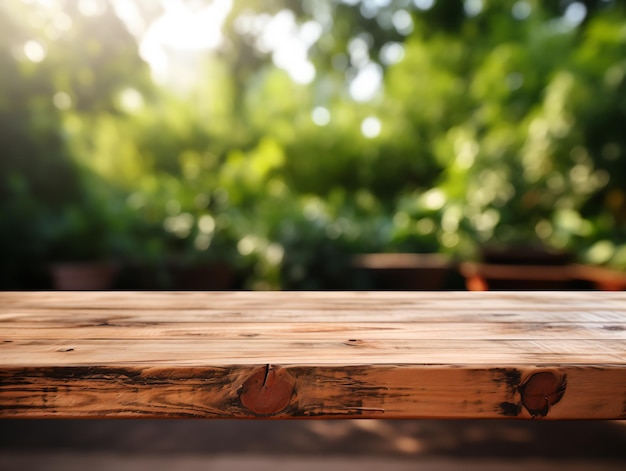 Perspective du sol en bois et forêt verte avec un rayon de lumière