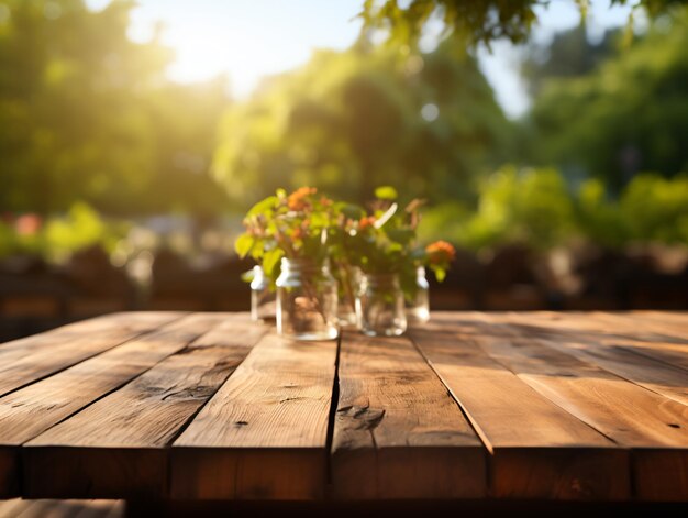 Photo perspective du sol en bois et forêt verte avec un rayon de lumière