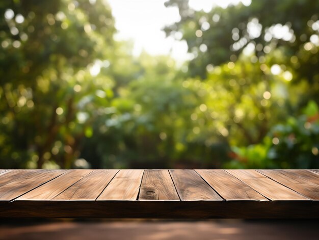 Perspective du sol en bois et forêt verte avec un rayon de lumière