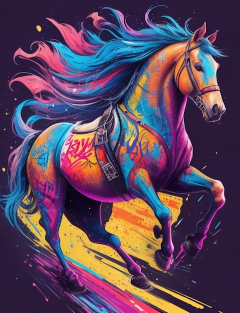 Une perspective frontale détaillée d'un cheval en mouvement avec une palette de couleurs vives et un graffiti