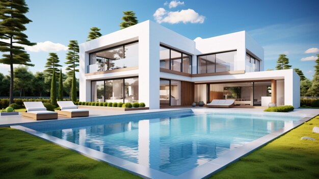 Photo perspective d'une maison de luxe moderne blanche avec piscine