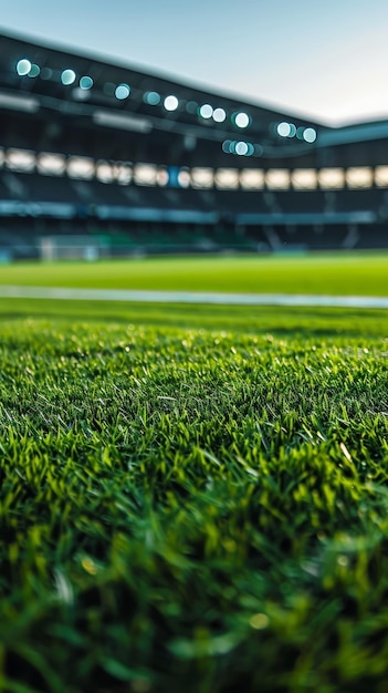 Une perspective rapprochée de l'herbe méticuleusement entretenue et des lignes de cour blanches qui constituent la surface de jeu d'un terrain de football