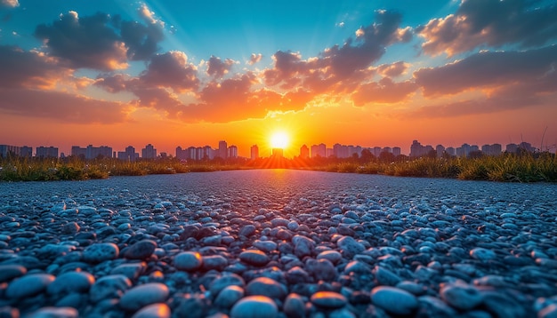 La perspective de la route sur le fond du coucher de soleil et du paysage urbain