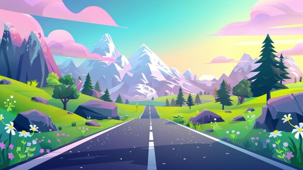 Perspective d'une route de montagne avec le lever du soleil rose, les nuages au-dessus des rochers, les fleurs d'herbe verte et la forêt de sapins le long de l'autoroute, une illustration de voyage de vacances