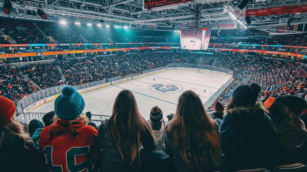 Perspective sur le stade de hockey groupe de fans regardant le match en direct tribunes pleines de gens