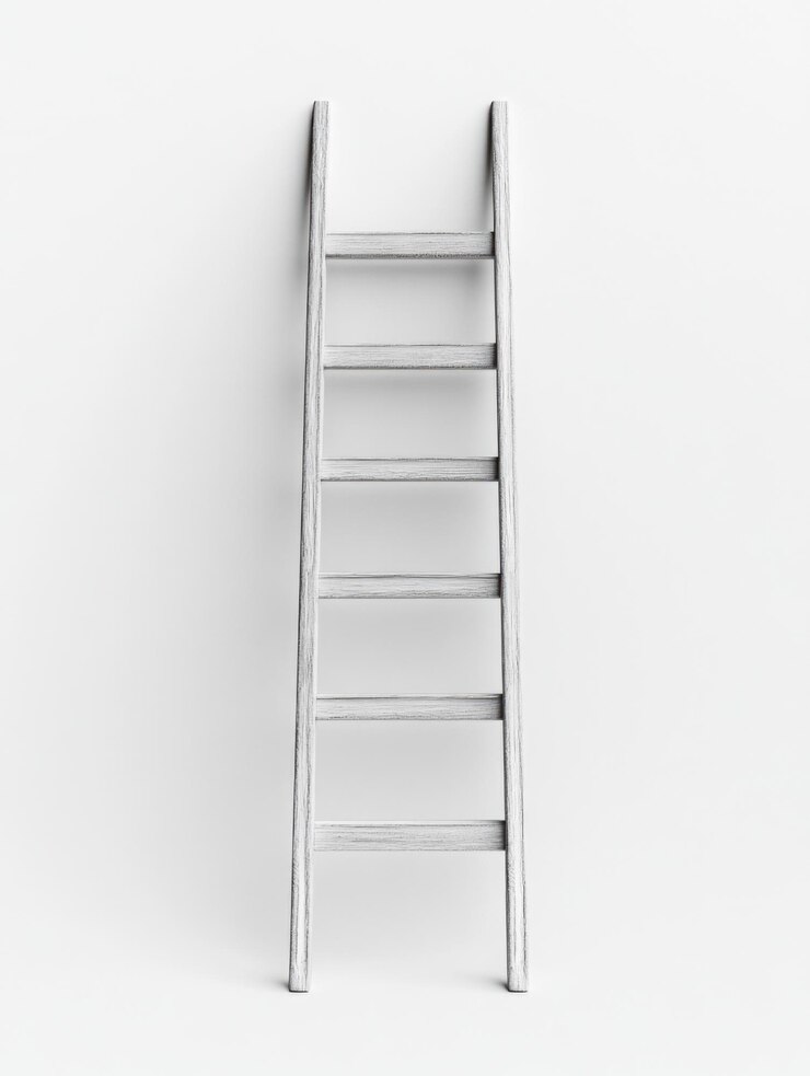 Photo perspective surélevée une échelle en bois sur un fond minimaliste