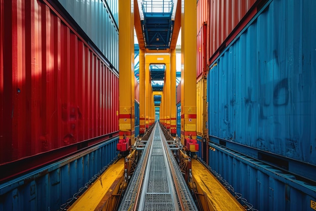 Une perspective symétrique entre des piles imposantes de conteneurs d'expédition rouges et bleus colorés avec une structure de grue portique visible au-dessus