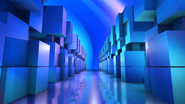 Perspective de tunnel de structure rectangle bleu, style de technologie moderne, rendu 3d