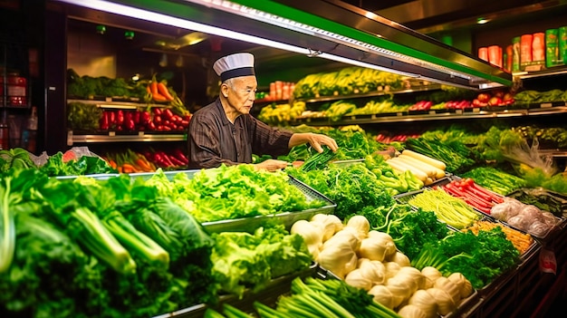 Une perspective unique d'un homme parcourant des légumes mettant l'accent sur l'abondance de produits frais