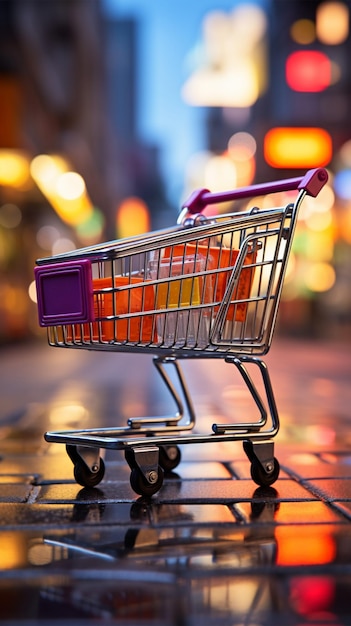 Perspective de vente au détail Panier d'achat dans un supermarché animé sur fond flou de magasin Mo vertical