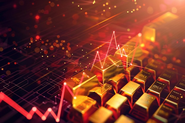 Photo perspectives d'investissement dans l'or illustration de barres d'or sur un hologramme de données sur les stocks