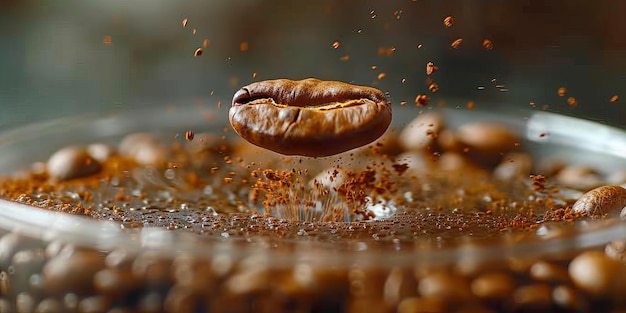 Peser de beaux grains de café frais torréfiés dans un récipient en plastique transparent contre la lumière