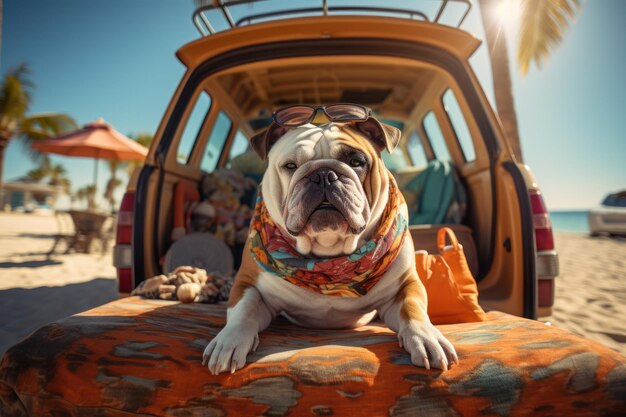 PET assis dans le coffre d'une voiture prêt pour un voyage de vacances ai génératif