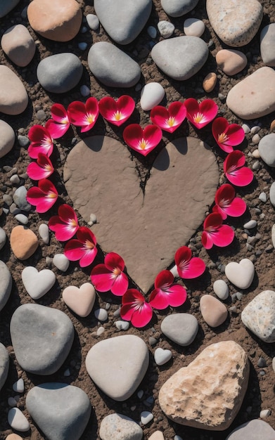 Photo pétale en forme de cœur sur le sol avec des pierres