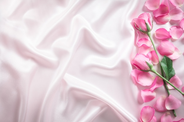 un pétale de roses roses doux bouquet sur le tissu en soie blanc doux, romance et amour carte conc