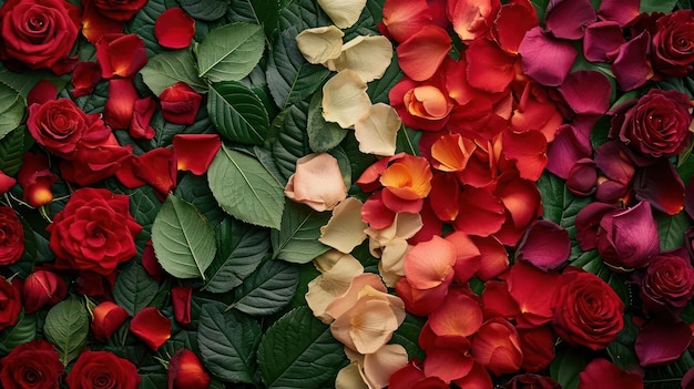 Les pétales, les fleurs et les feuilles sont de différentes couleurs.