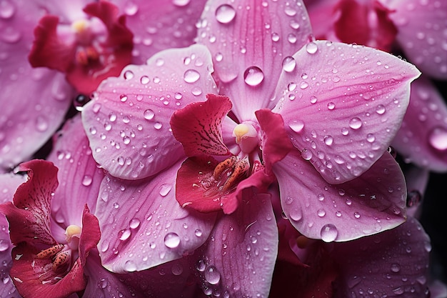 Des pétales de fleurs d'orchidées roses avec des gouttelettes d'eau dessus sont le concept de sérénité et de spa