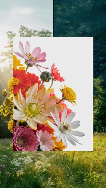 Pétales de fleurs et pollen avec un cadre d'image blanc sur un double fond