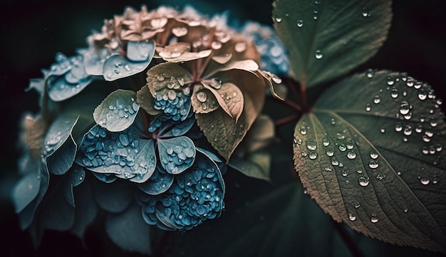 Pétales fragiles d'un hortensia rose couvert de rosée généré par l'IA