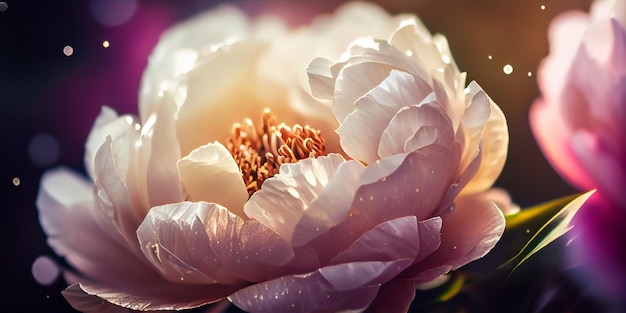 Pétales de pivoine rose pastel panoramique dans le jardin de printemps bannière en gros plan générée par l'IA