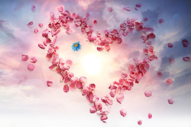 pétales de rose de coeur / roses roses, pétales de cadre en forme de coeur, concept d'amour